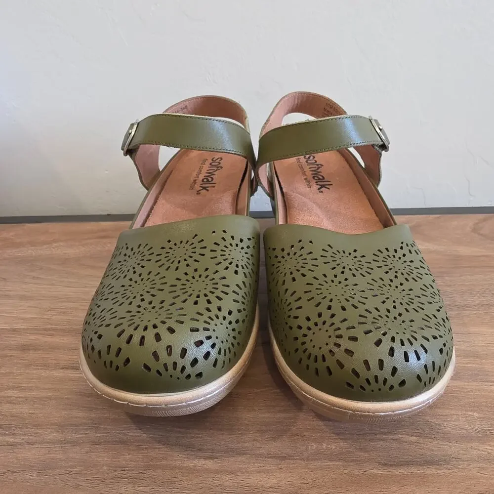 SoftWalk Mabelle Perf Olive Green Leather Laser Cut Wedge Clog Sandals Size 10M
